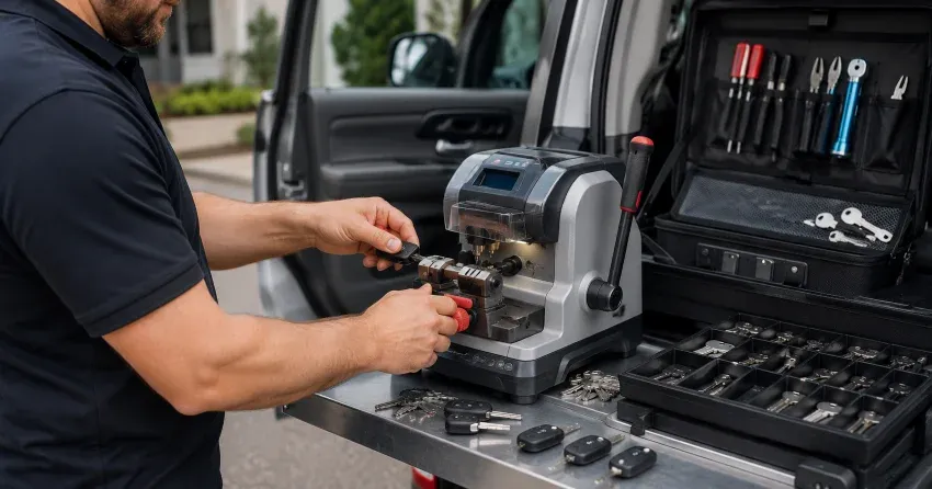 technician cutting a replacement car door lock key in Craighurst, Oro-Medonte