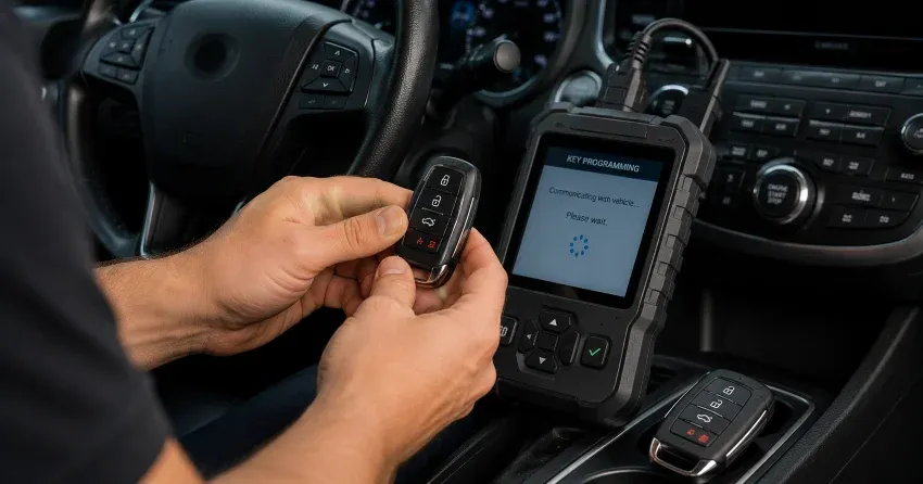 technician inspecting a worn car key before replacement in Mitchell Square, Oro-Medonte