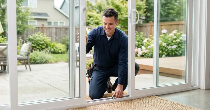 technician diagnosing a sticking patio door in Leigh