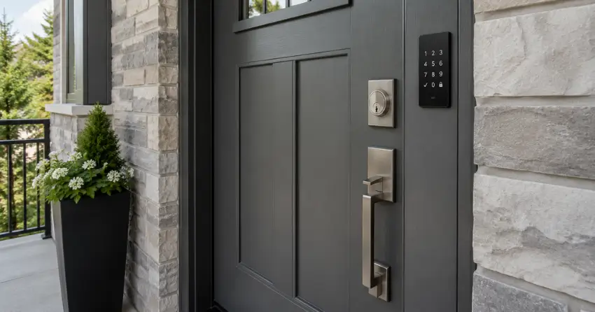 High-security door hardware and access control keypad installed on a residential entry door in Oro-Medonte