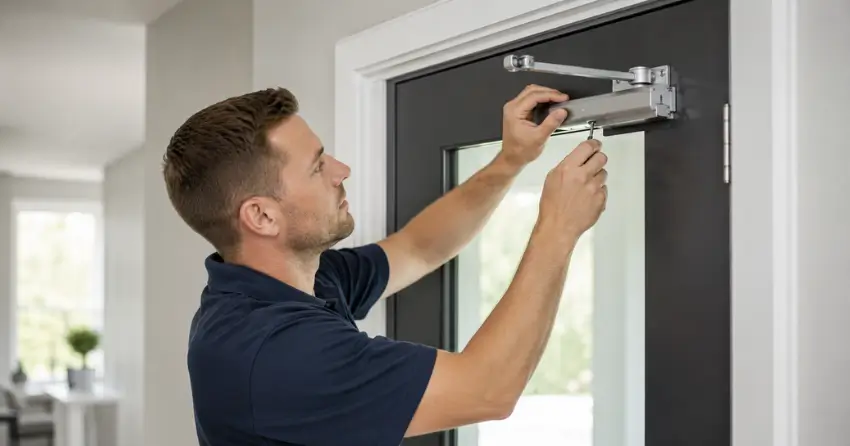 technician adjusting door closer hydraulic valve in Braestone, Oro-Medonte home