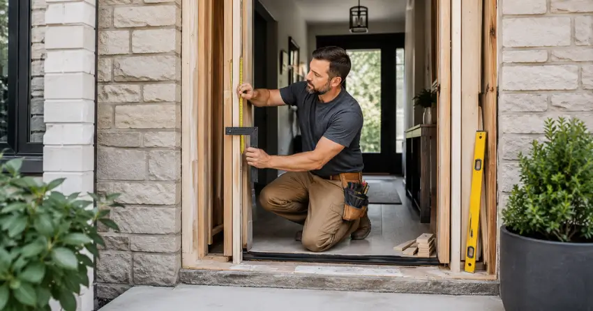 exterior door installer assessing rough opening in Hawkestone, Oro-Medonte