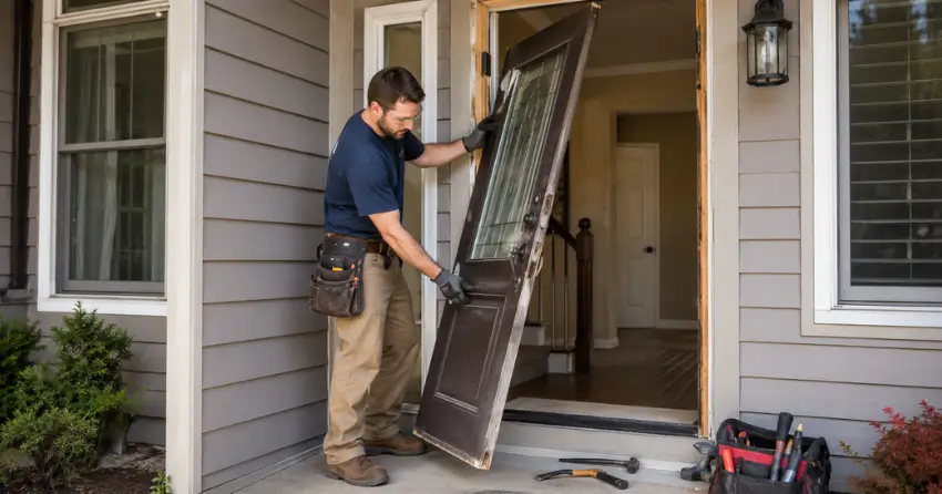 old exterior door being removed for replacement in East Oro, Oro-Medonte