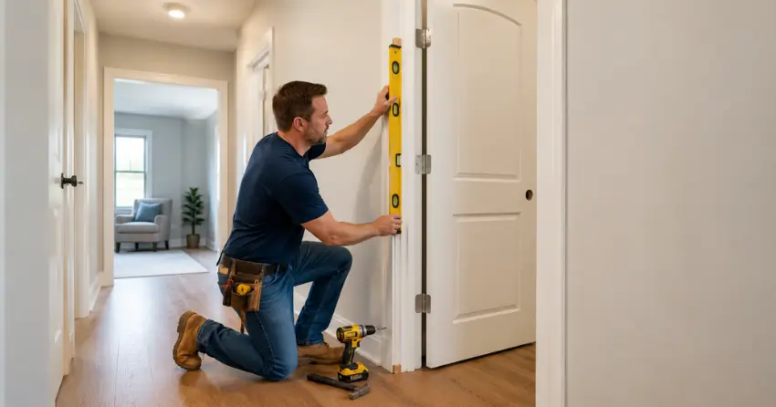 technician installing a pre-hung interior door in a home hallway Warminster, Oro-Medonte
