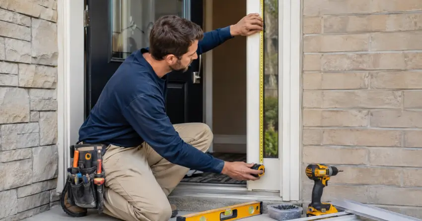 technician measuring door frame before storm door install in Braestone, Oro-Medonte