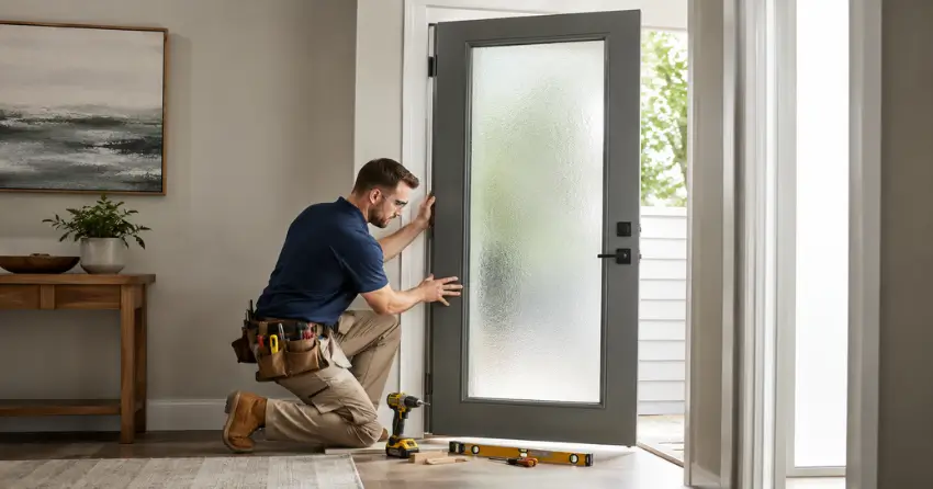 glass panel door installation with frosted privacy glass in residential setting in Forest Home, Oro-Medonte