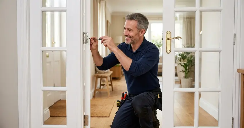 technician adjusting French door hinge for proper alignment in Hawkestone, Oro-Medonte