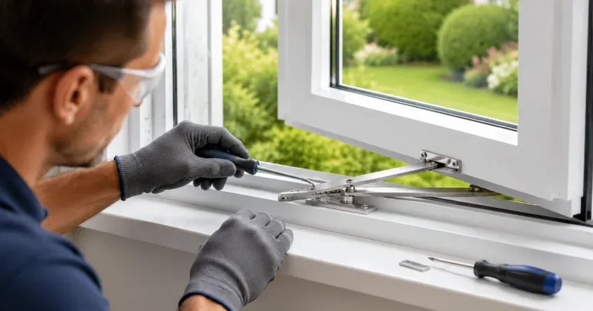 automatic door technician inspecting sensor and control panel in Hobart, Oro-Medonte