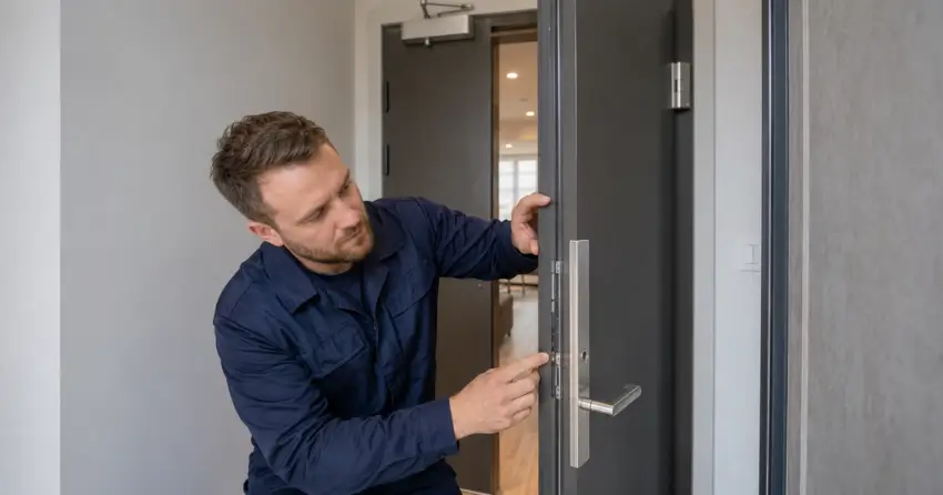 technician inspecting fire-rated door seal and hardware in Creighton, Oro-Medonte