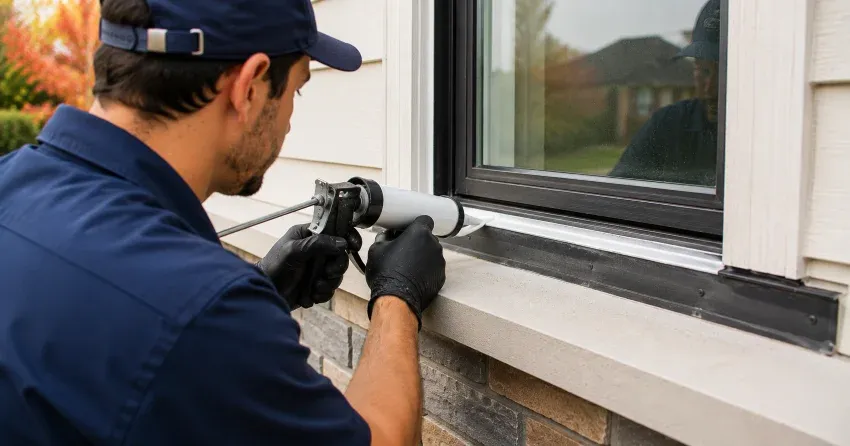 technician inspecting window flashing for leak source in Moonstone, Oro-Medonte