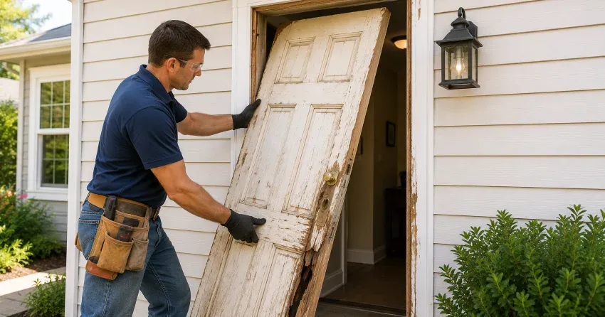 warped exterior door frame showing weather damage in Baywood Park, Oro-Medonte