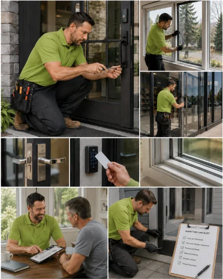 A technician fitting new locking hardware to an entry door